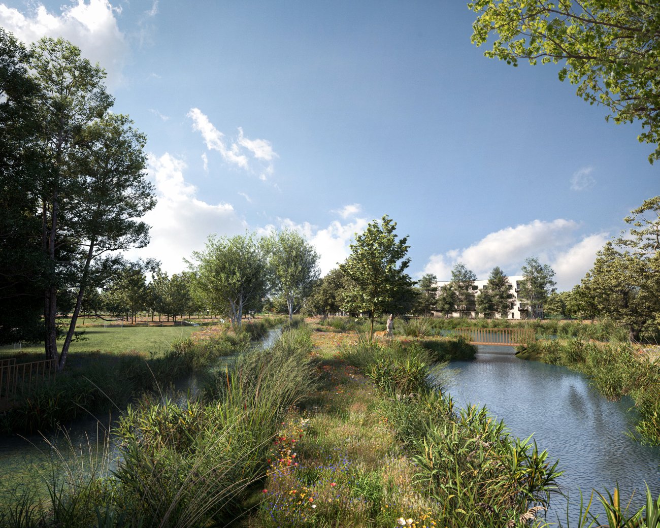 Grand parc avec étang et petit pont dans le nouveau quartier résidentiel de Thielt