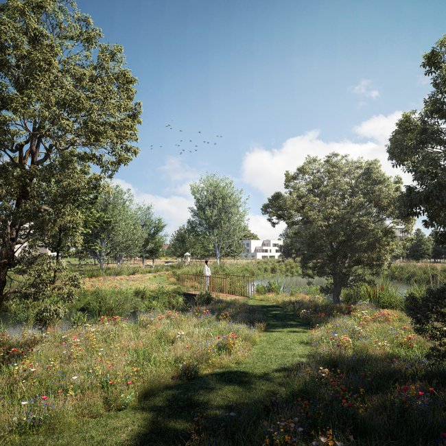 Grand parc commun dans le nouveau quartier de Thielt
